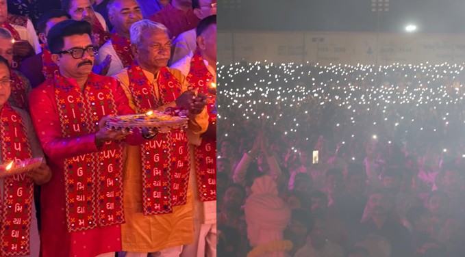 ક્લબ યુવી ખાતે અષ્ટમીની ભવ્ય મહાઆરતીમાં દીવાઓ અને મોબાઈલની ફ્લેશ રોશનીથી ઝગમગ્યું ગ્રાઉન્ડ